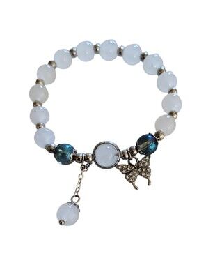 White And Green Stretchy Beaded Bracelet With Silver Jeweled Butterfly